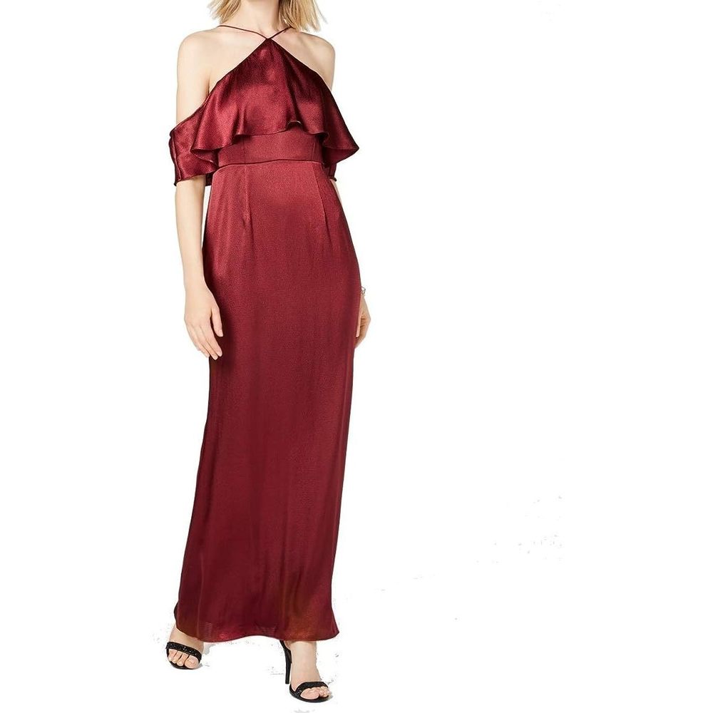 Adrianna Papell Womens Satin Halter Neck Cold Shoulder Gown Size 12
